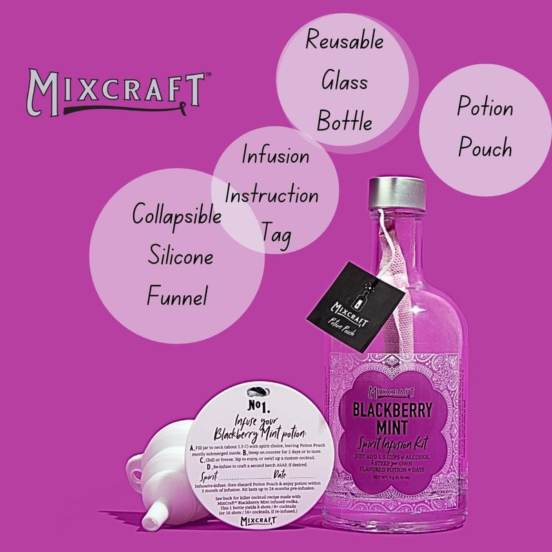 MixCraft Spirit Infusion Kit - Premium Craft Cocktail & Mocktail Mixer, Glass Bottle, Collapsible Funnel, Flavor Pouch & Recipe, Blackberry Mint - Image 2